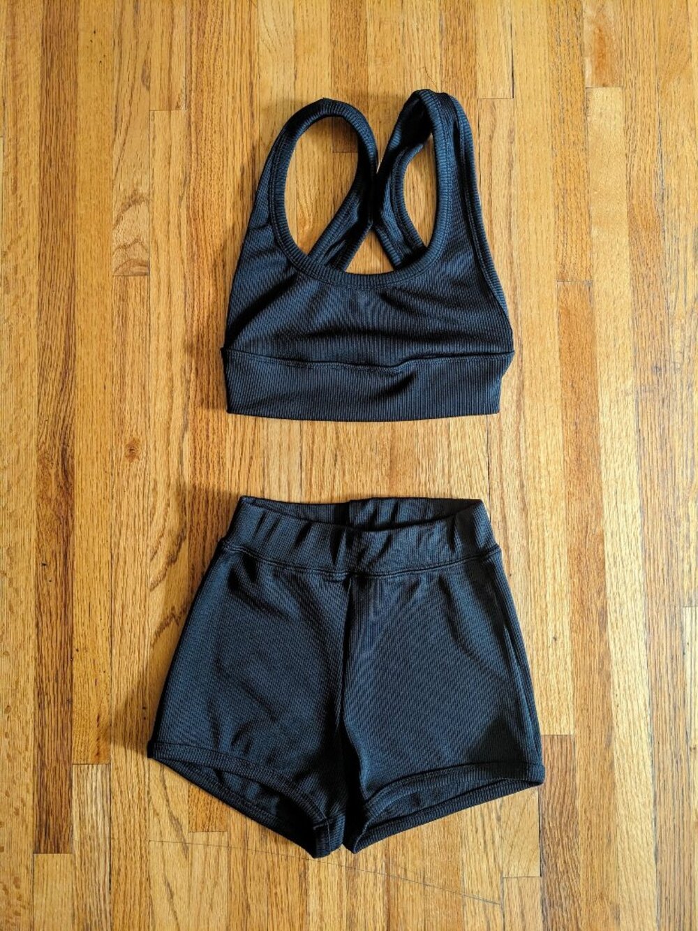 Zara set of black ribbed sport bra and shorts
